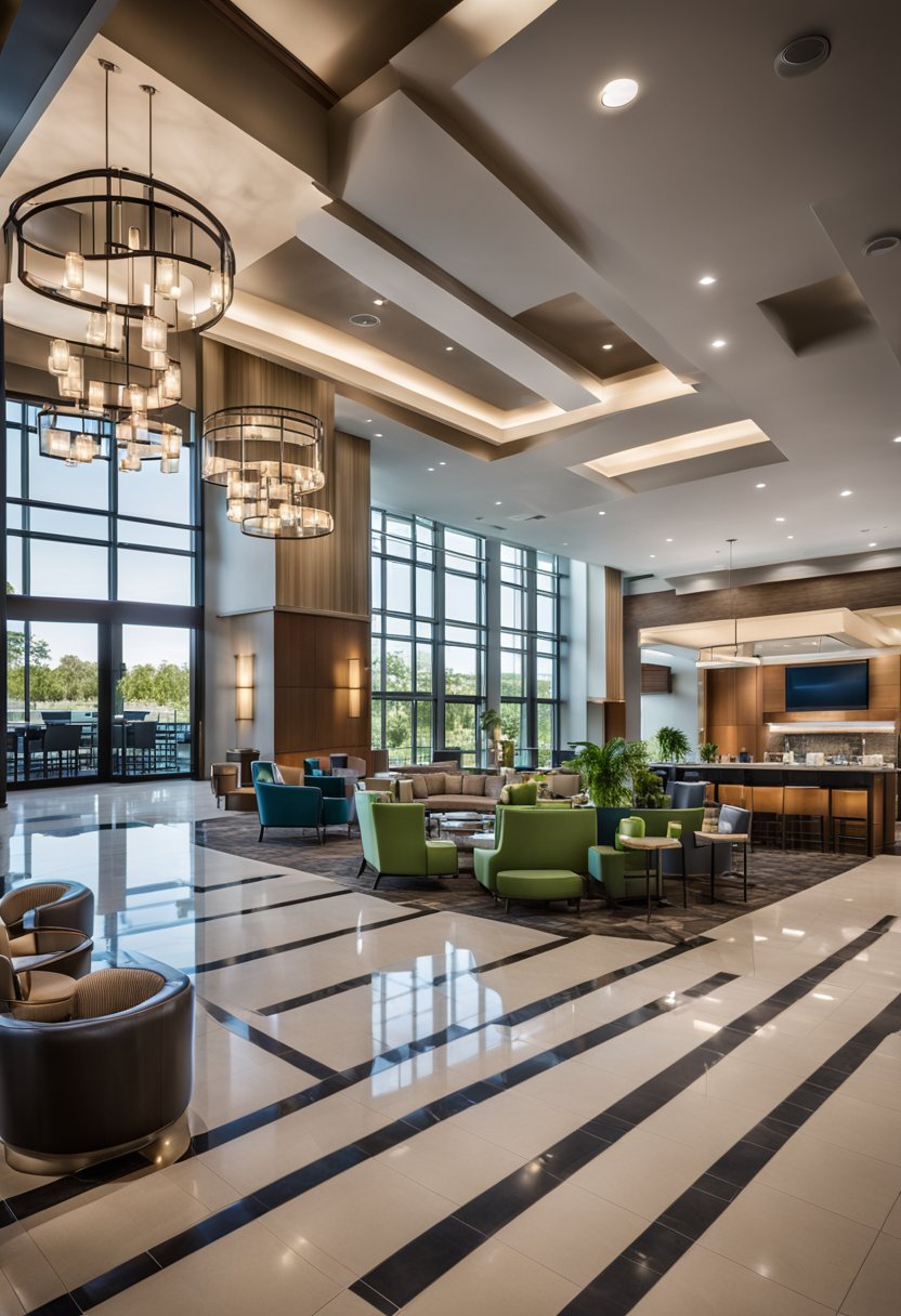 The SpringHill Suites by Marriott Waco Woodway hotel features modern architecture, lush landscaping, and a spacious conference facility