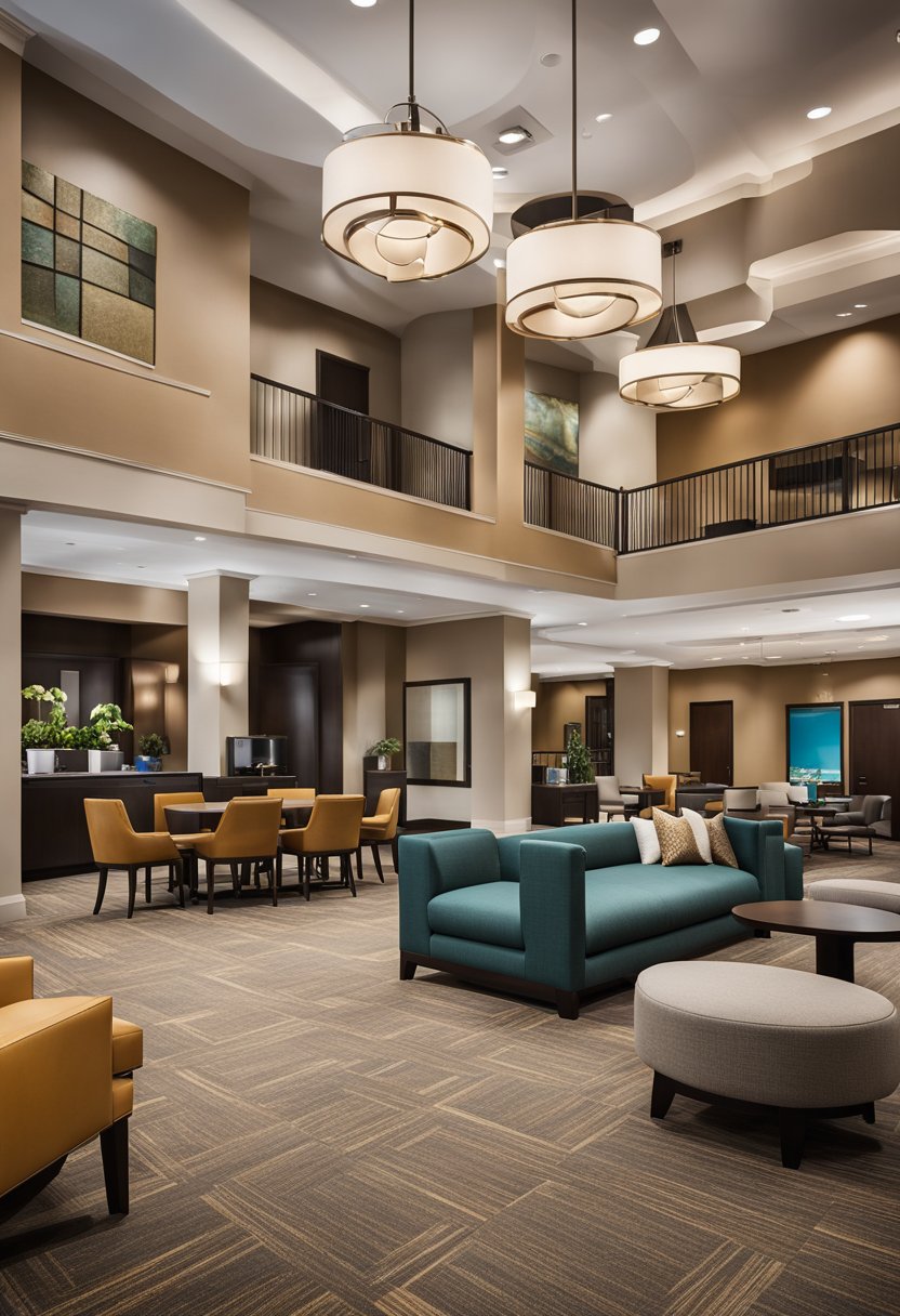 A bustling lobby at Homewood Suites by Hilton Waco, with modern conference facilities and comfortable seating areas