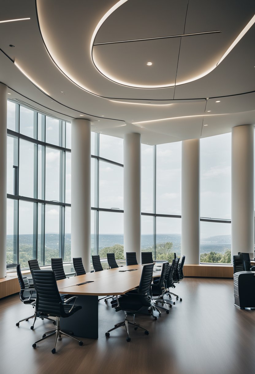 A spacious conference room with modern furnishings and large windows overlooking a scenic view. Multiple seating arrangements and audiovisual equipment are present for meetings and events