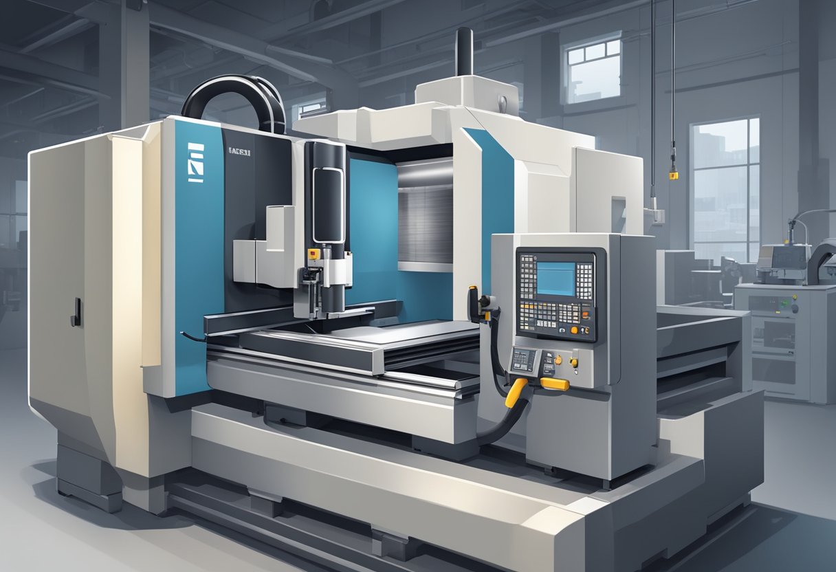 A CNC turning and milling machine in operation, with tools cutting and shaping metal parts with precision