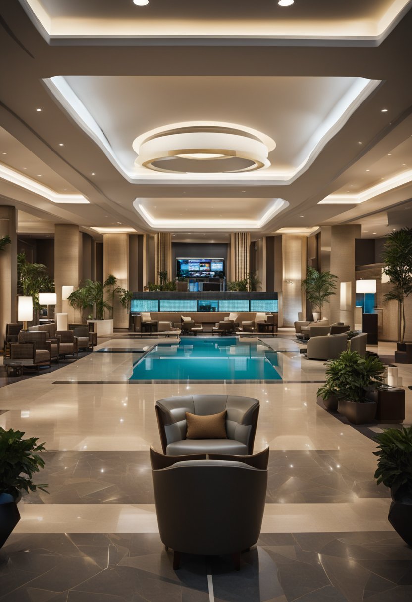 The hotel lobby bustles with guests checking in, while a conference room is set up with modern amenities for business meetings. A pool and fitness center offer leisure activities for guests