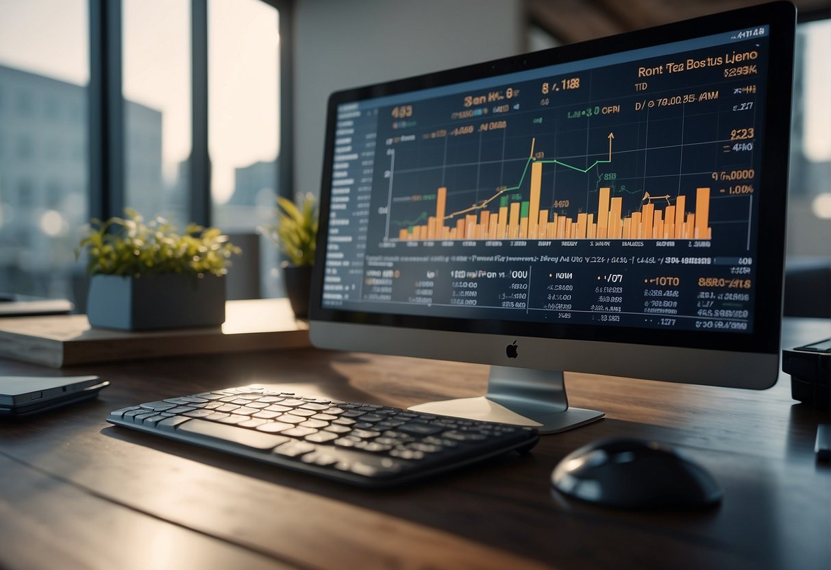 Equity calculation on a computer screen with property images and investment graphs