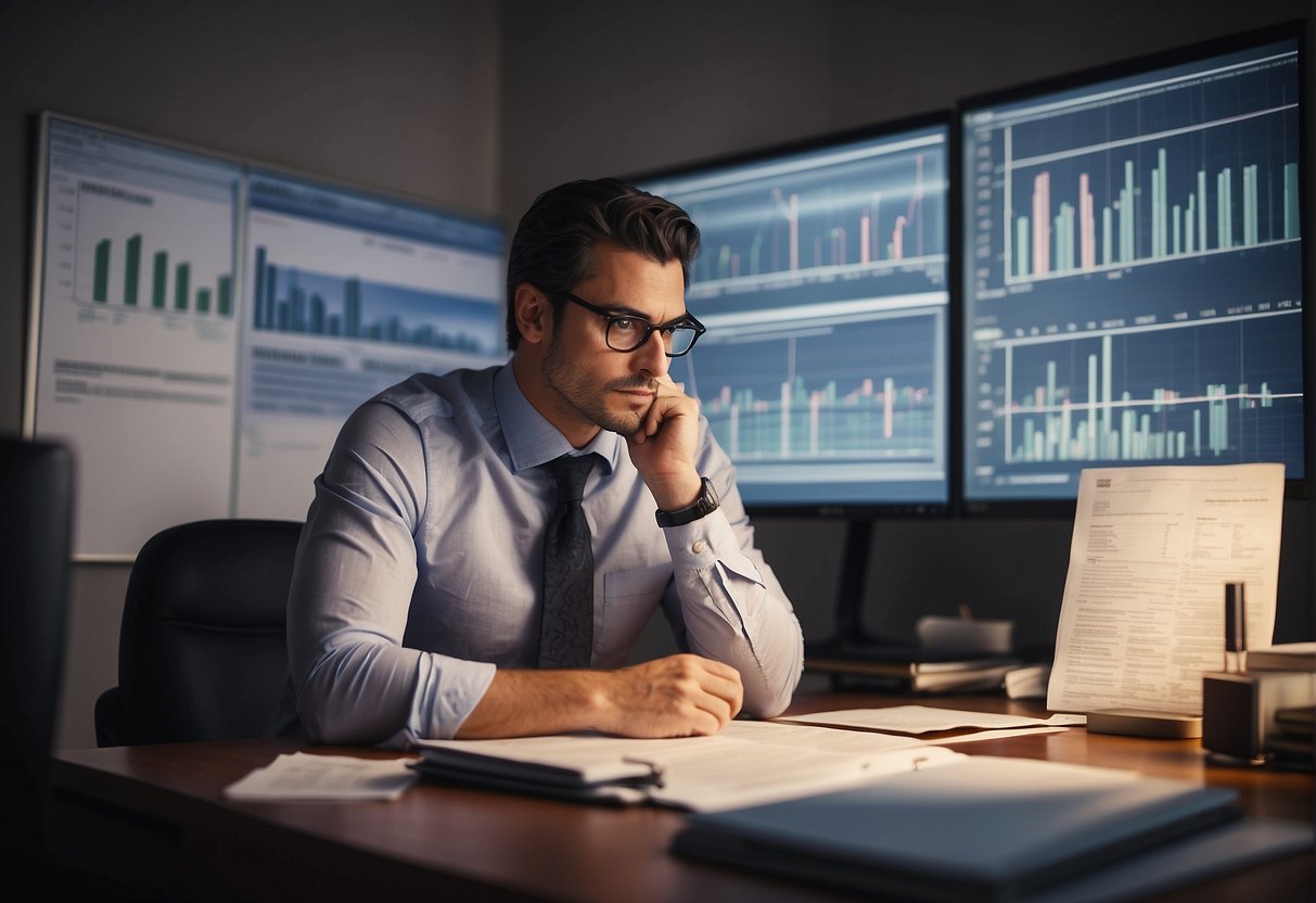 A person sitting at a desk, surrounded by financial documents and charts, pondering over how much equity to use for property purchase