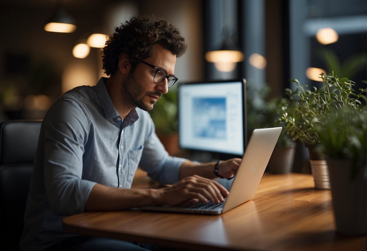 A person using a laptop to search "how much equity can i use to buy property" with a thoughtful expression on their face