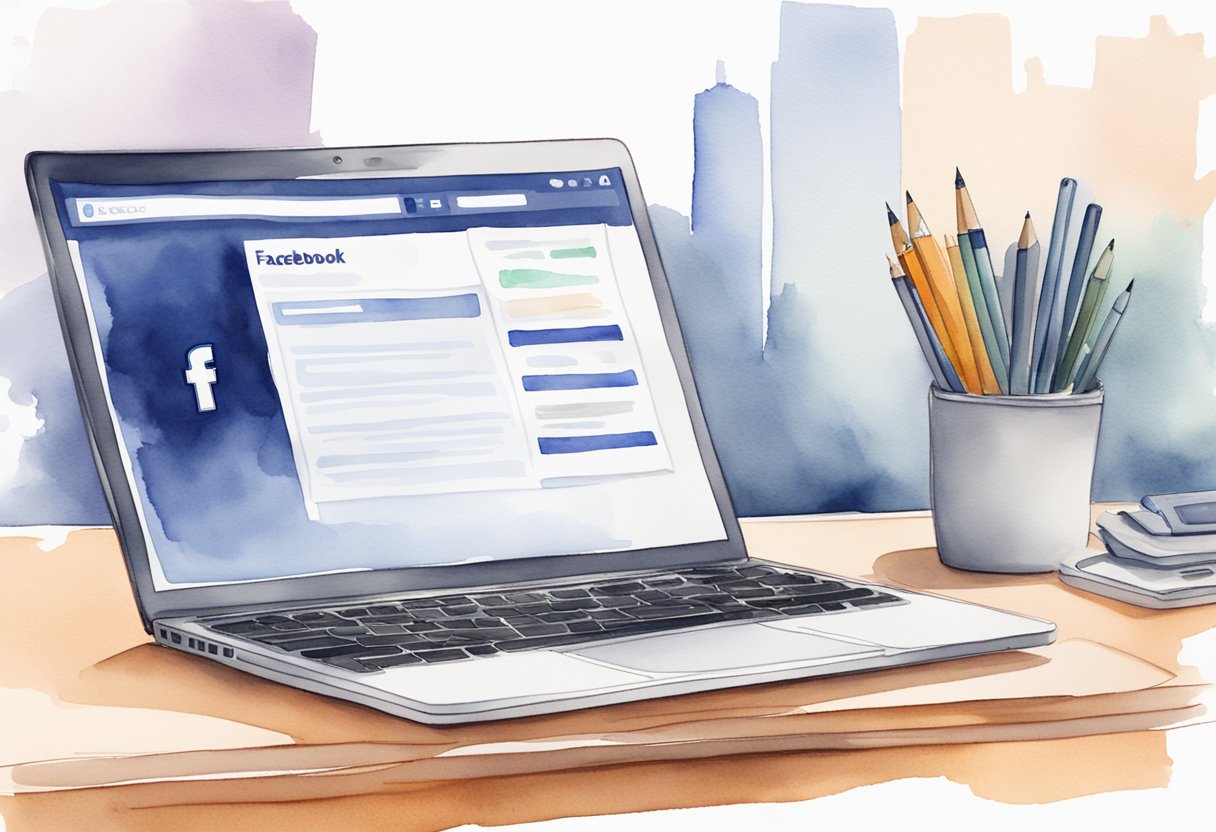 A laptop open on a desk, with a Facebook page showing ads and a graph of increasing earnings. A hand holding a pen and notebook nearby