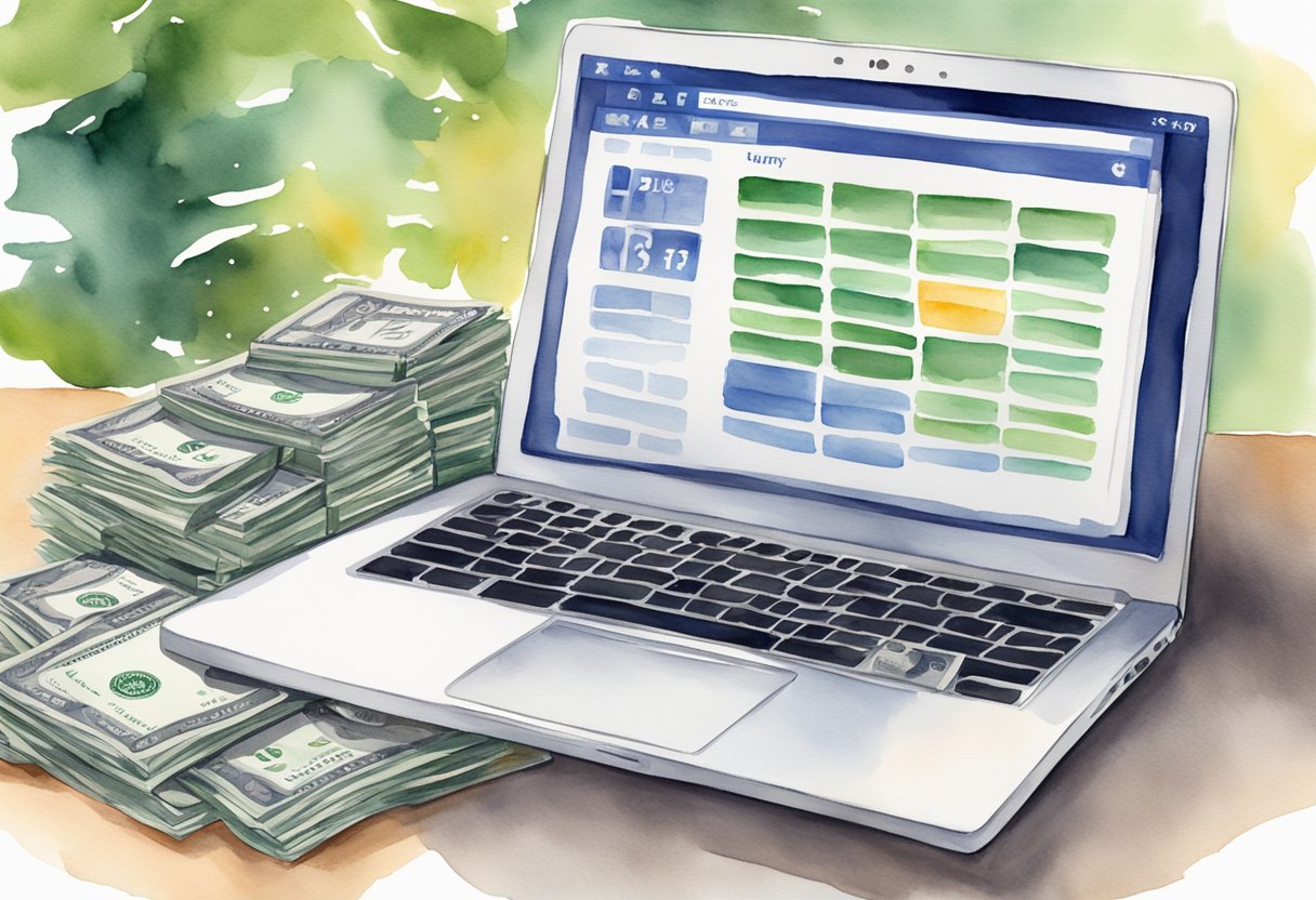 A laptop with a Facebook page open, surrounded by dollar bills and a calendar showing daily earnings