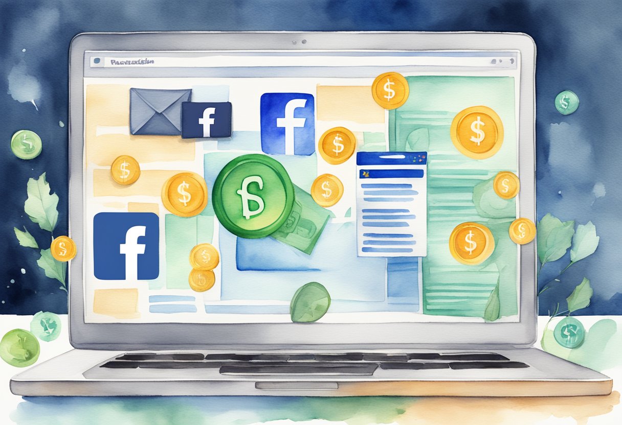 A laptop displaying a Facebook newsfeed with various ads, a dollar sign, and a "monetization" tab highlighted