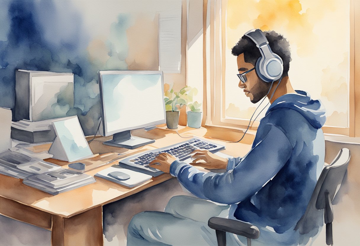 A person sitting at a desk with headphones on, typing on a computer while getting paid to listen to music