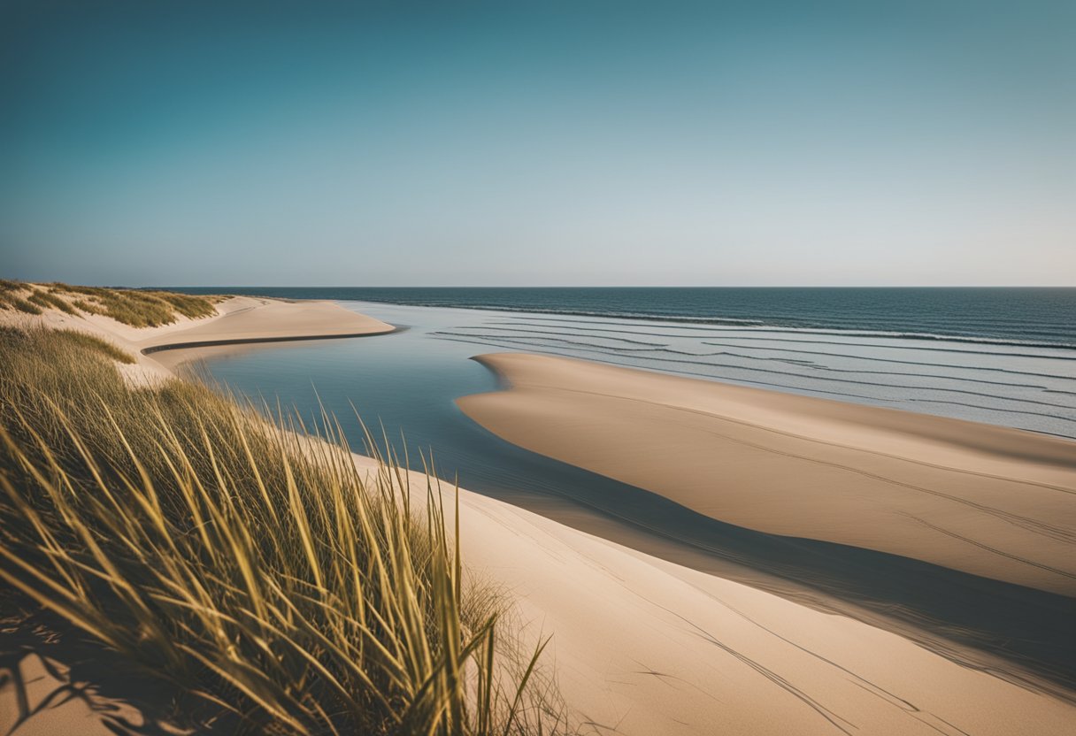 Sandy dunes line the coast, with colorful moliceiros floating in the calm waters of Aveiro