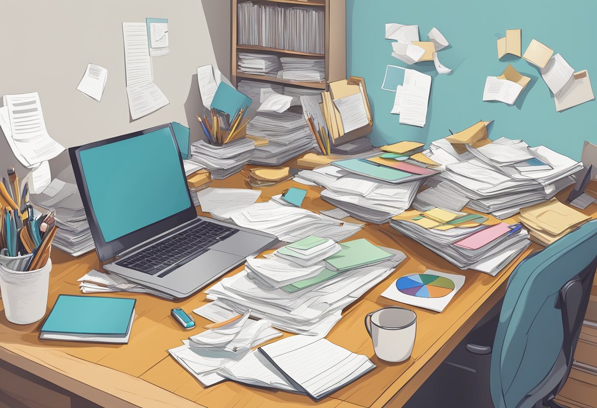 A cluttered desk with scattered papers and a disorganized shelf, contrasting with a clean, empty space adhd and minimalism