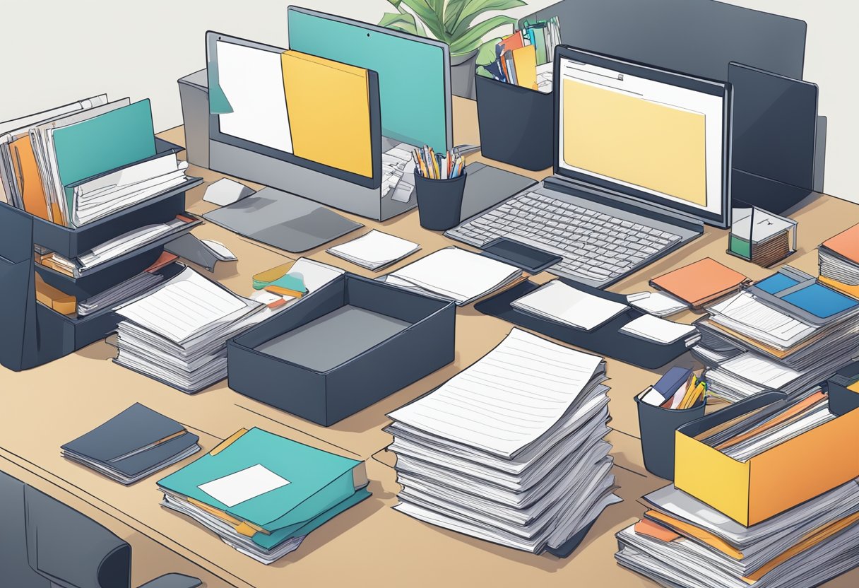 A cluttered desk with scattered papers and disorganized folders, contrasted with a clean, minimalist workspace with neatly labeled bins and color-coded files