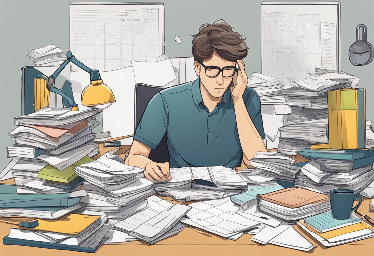 A cluttered desk with scattered papers, a disorganized planner, and a chaotic environment. A person struggling to focus with distractions all around adhd and minimalism
