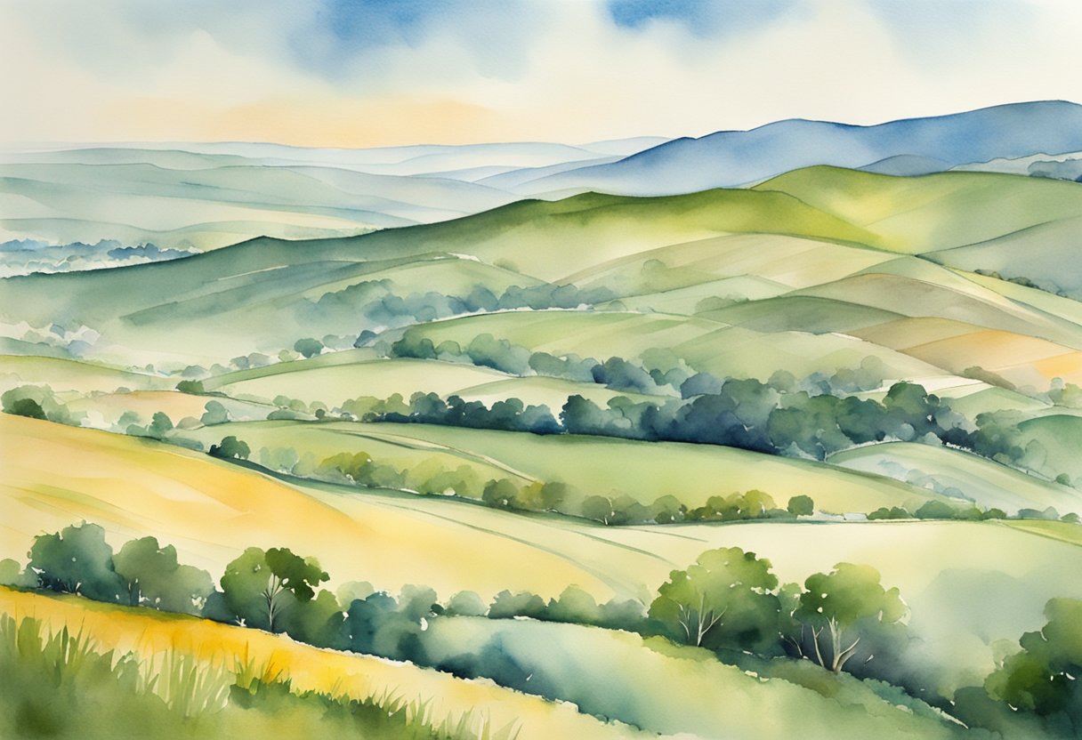 A vast expanse of untouched land, with rolling hills and open fields, surrounded by potential for development and growth