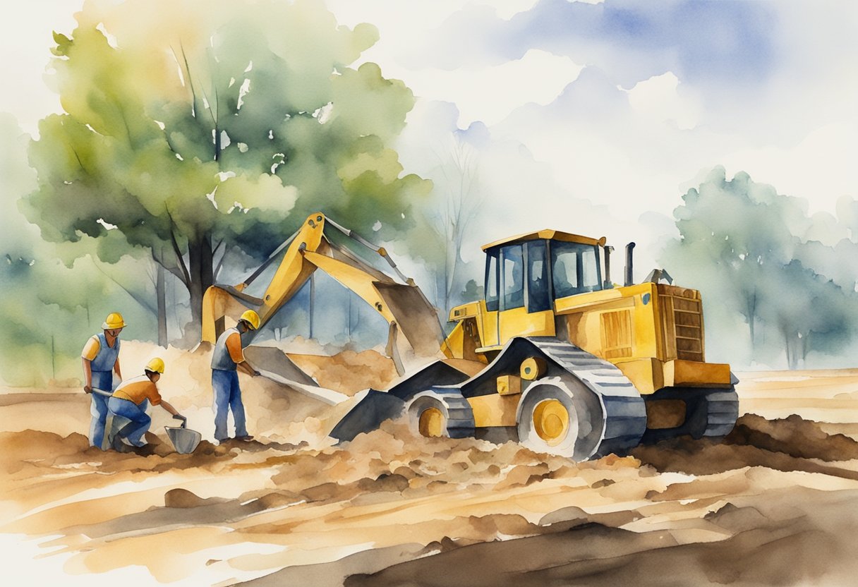 A bulldozer clearing and leveling raw land for development, while a team of workers plants trees and maintains the landscape