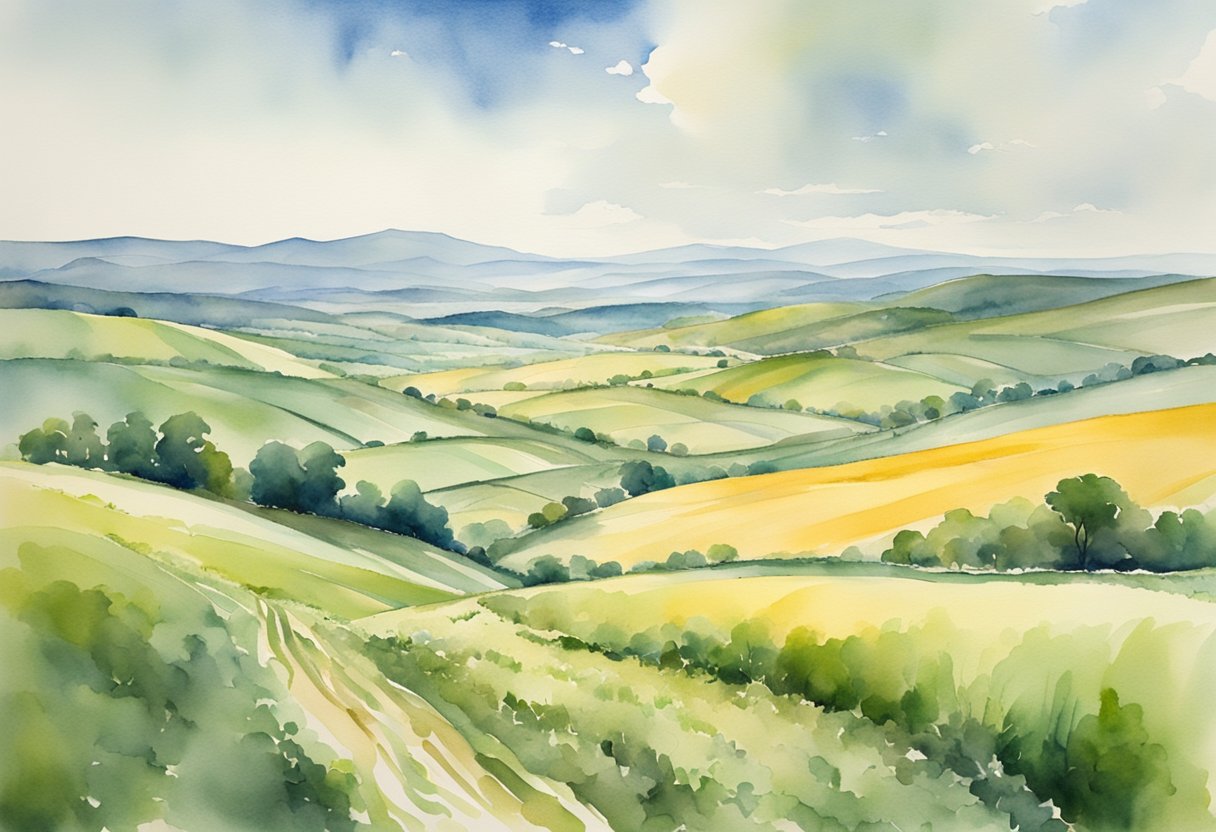 A vast expanse of fertile, untouched land with rolling hills, open fields, and clear streams, ready for agricultural development