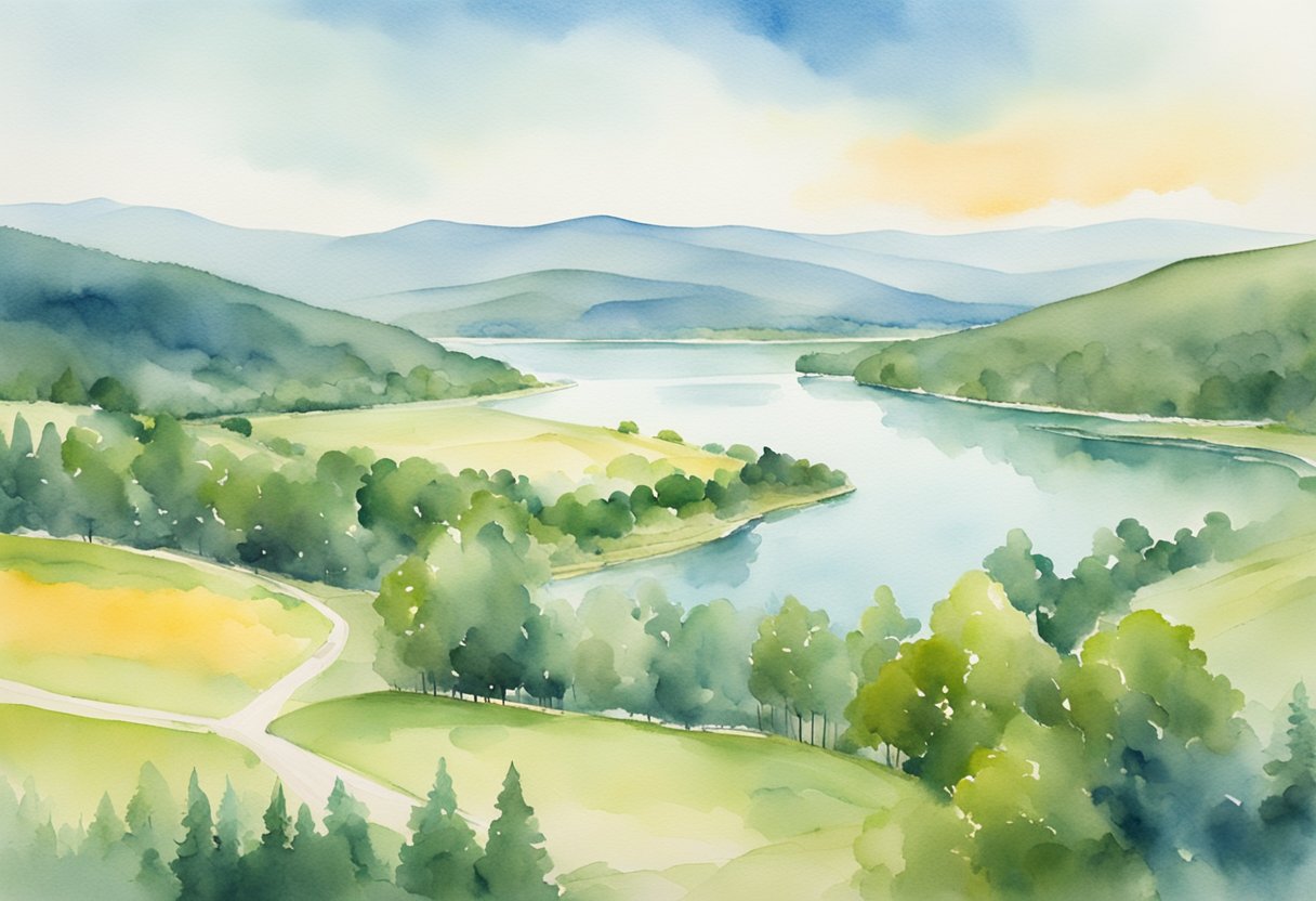 A vast expanse of raw land with potential for recreational activities: hiking trails, campgrounds, and picnic areas. A serene lake or river runs through the landscape, surrounded by lush greenery