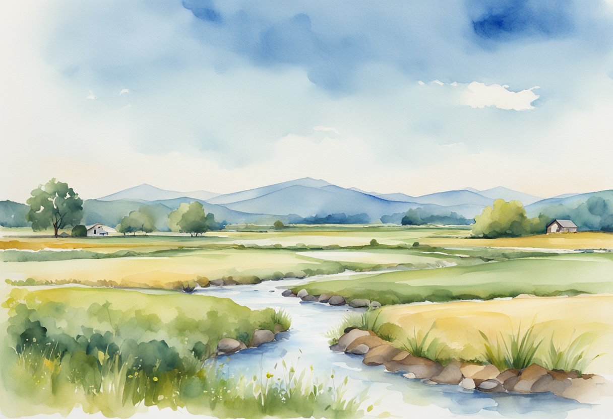 A serene landscape with vacant land, a flowing stream, and a clear blue sky, with small signs of potential income-generating activities like farming or solar panels