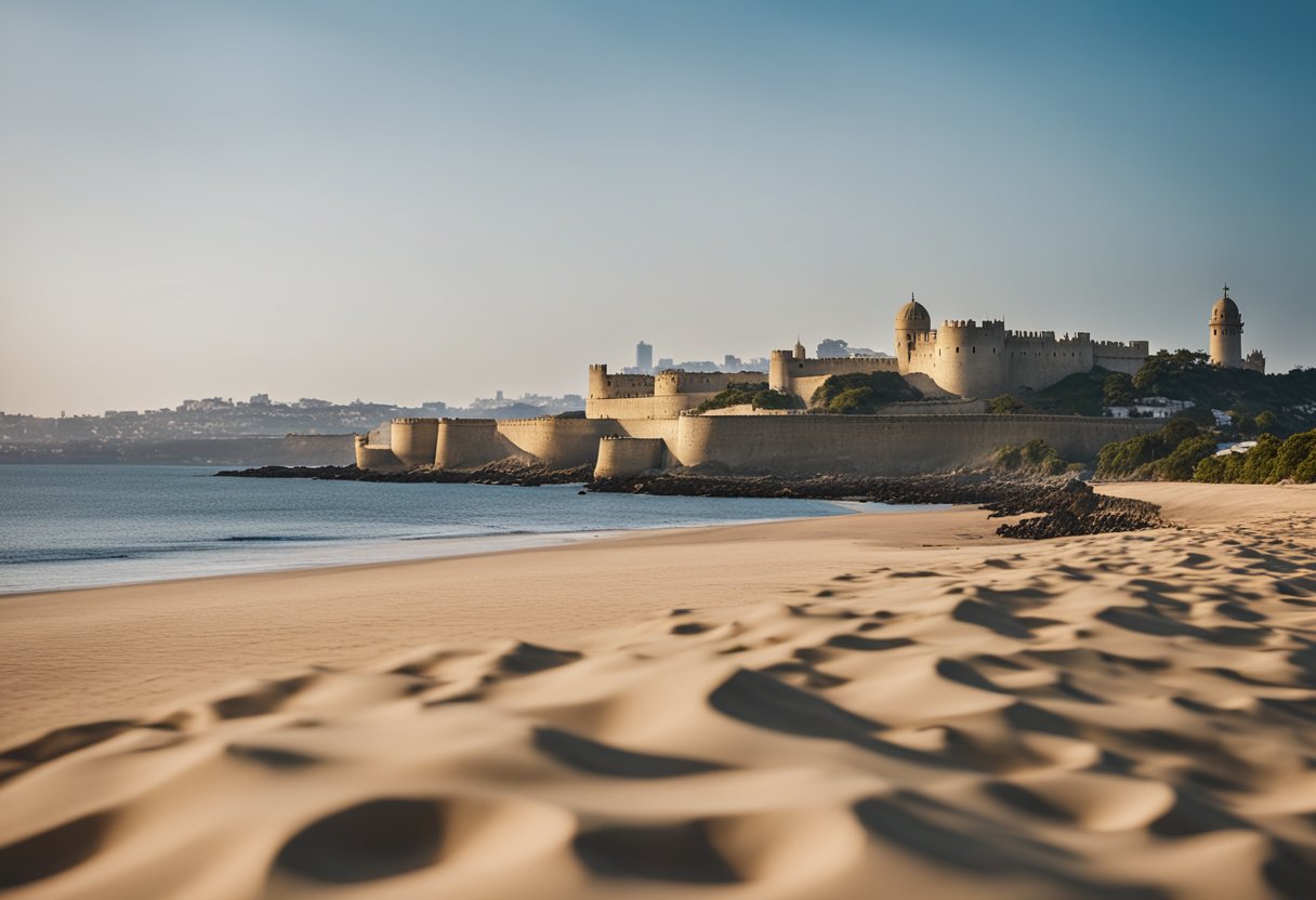 The golden sands of Lagos stretch along the coastline, meeting the deep blue sea under a clear sky. A historic fortress overlooks the tranquil scene