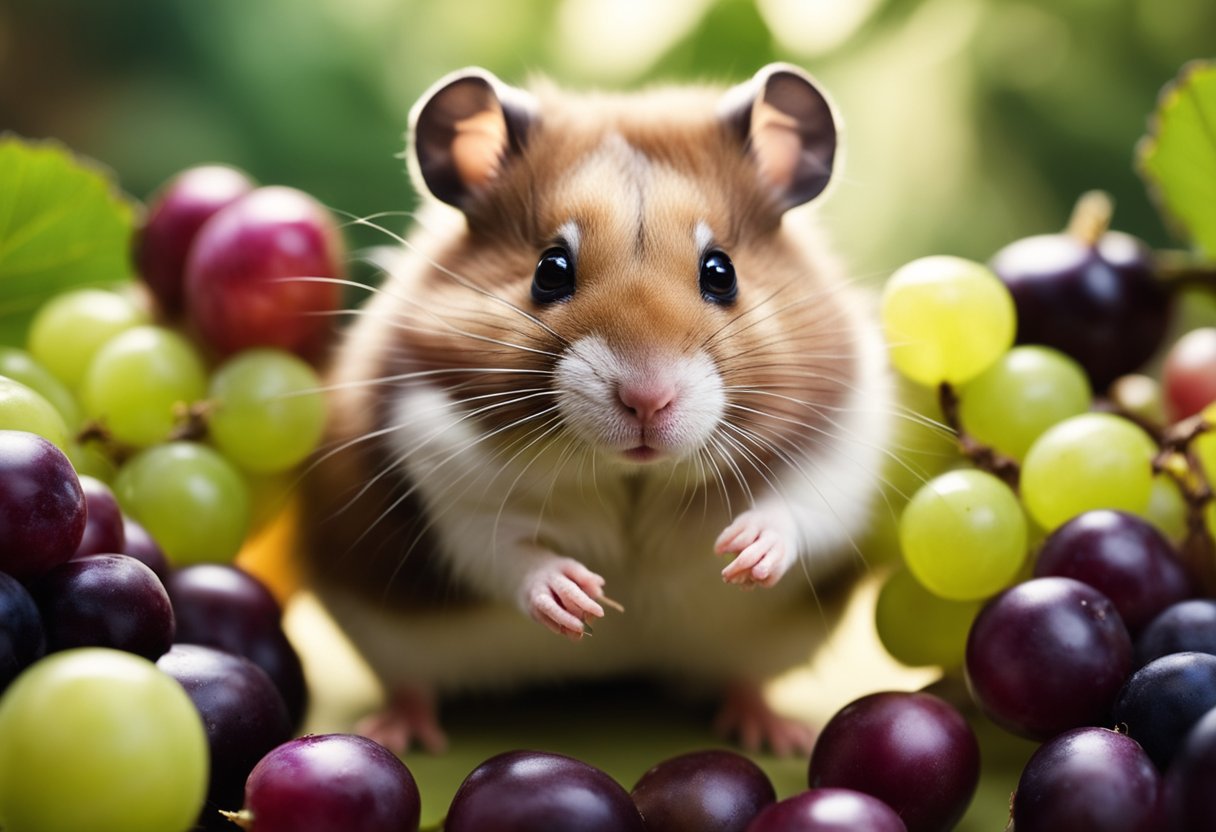 A hamster surrounded by grapes, onions, and chocolate, all labeled as poisonous foods