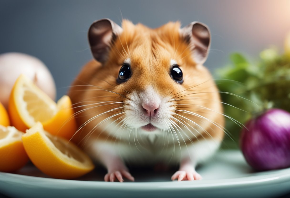 A hamster shows signs of poisoning: drooling, lethargy, and difficulty breathing. Nearby are toxic foods like chocolate, onions, and citrus