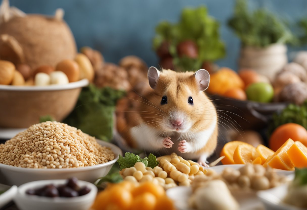 A hamster surrounded by various foods, with a clear warning sign indicating which ones are poisonous