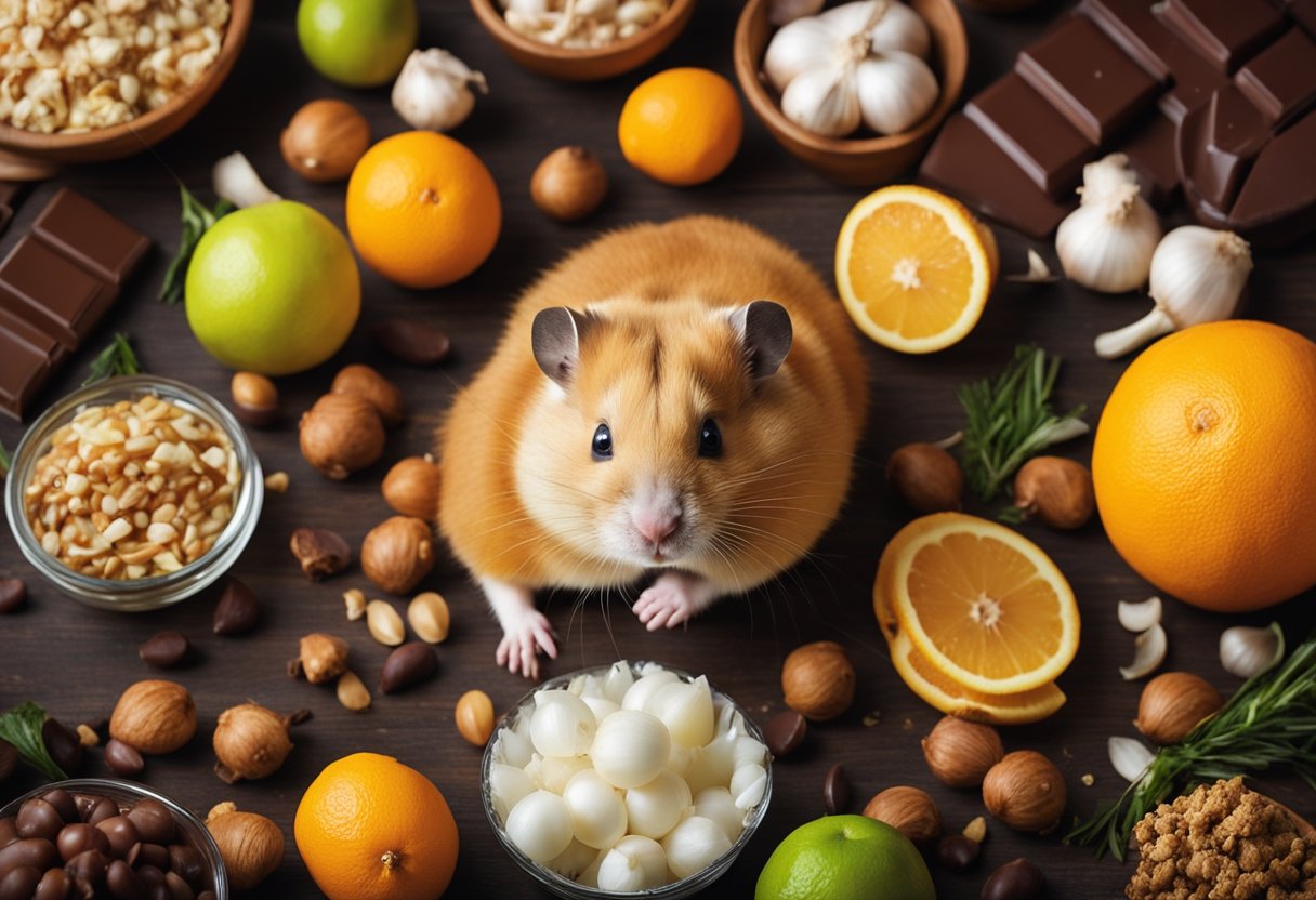 A hamster surrounded by common foods like chocolate, onions, garlic, and citrus fruits, with a warning sign and a skull and crossbones symbol