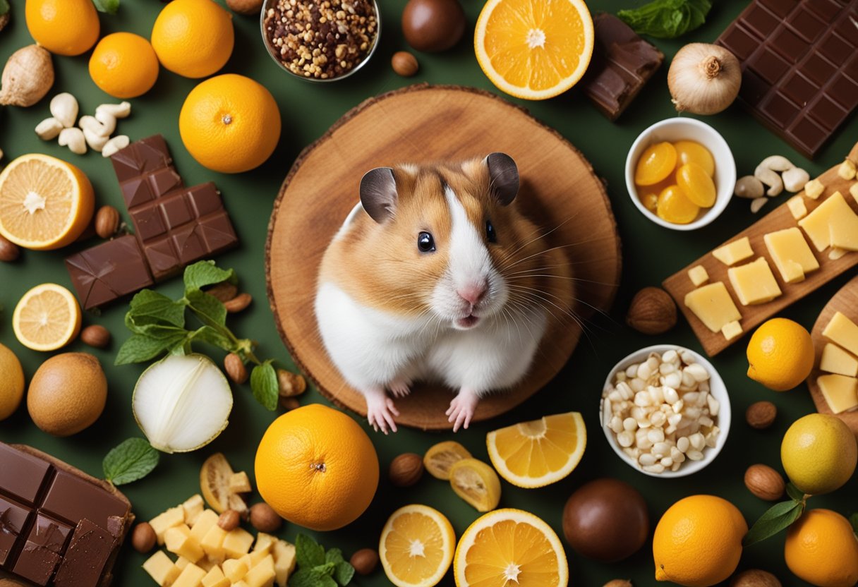 A hamster surrounded by various foods, with a caution sign next to items like chocolate, citrus fruits, and onions