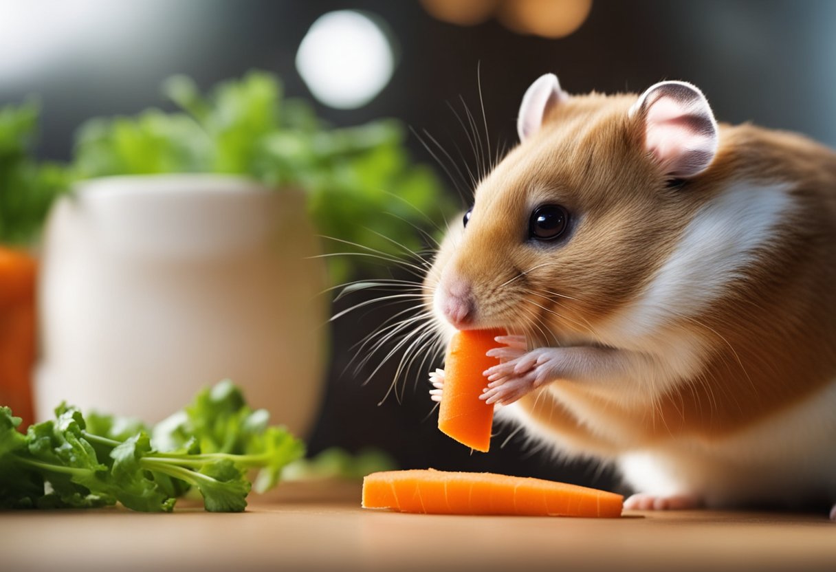 A hamster eagerly munches on a fresh carrot, its tiny paws holding the vegetable steady as it nibbles away