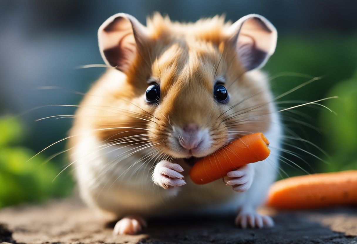 A hamster eagerly munches on a fresh carrot, its tiny paws holding the vegetable as it nibbles away