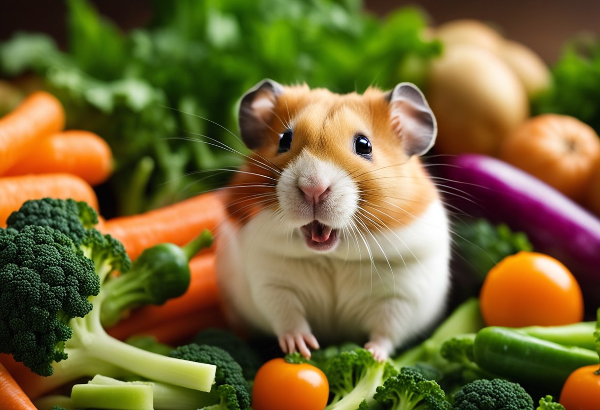 A hamster munches on a pile of colorful vegetables - carrots, broccoli, and spinach - eagerly enjoying its favorite treats