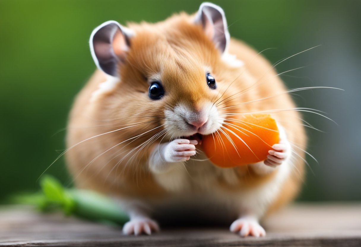A hamster happily munches on a fresh carrot, its tiny paws holding the vegetable as it nibbles away