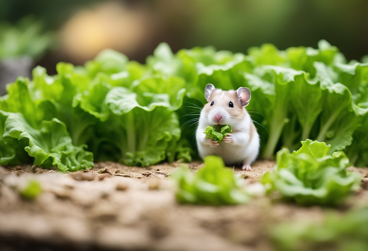 A hamster happily munches on a bright green leaf of lettuce, its tiny paws holding the vegetable as it nibbles away