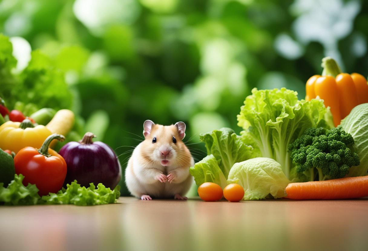A hamster sits beside a pile of colorful vegetables, eyeing a bright green leaf of lettuce with curiosity