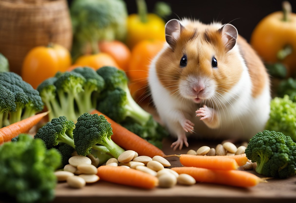 A hamster surrounded by a variety of safe foods: carrots, broccoli, apples, and sunflower seeds