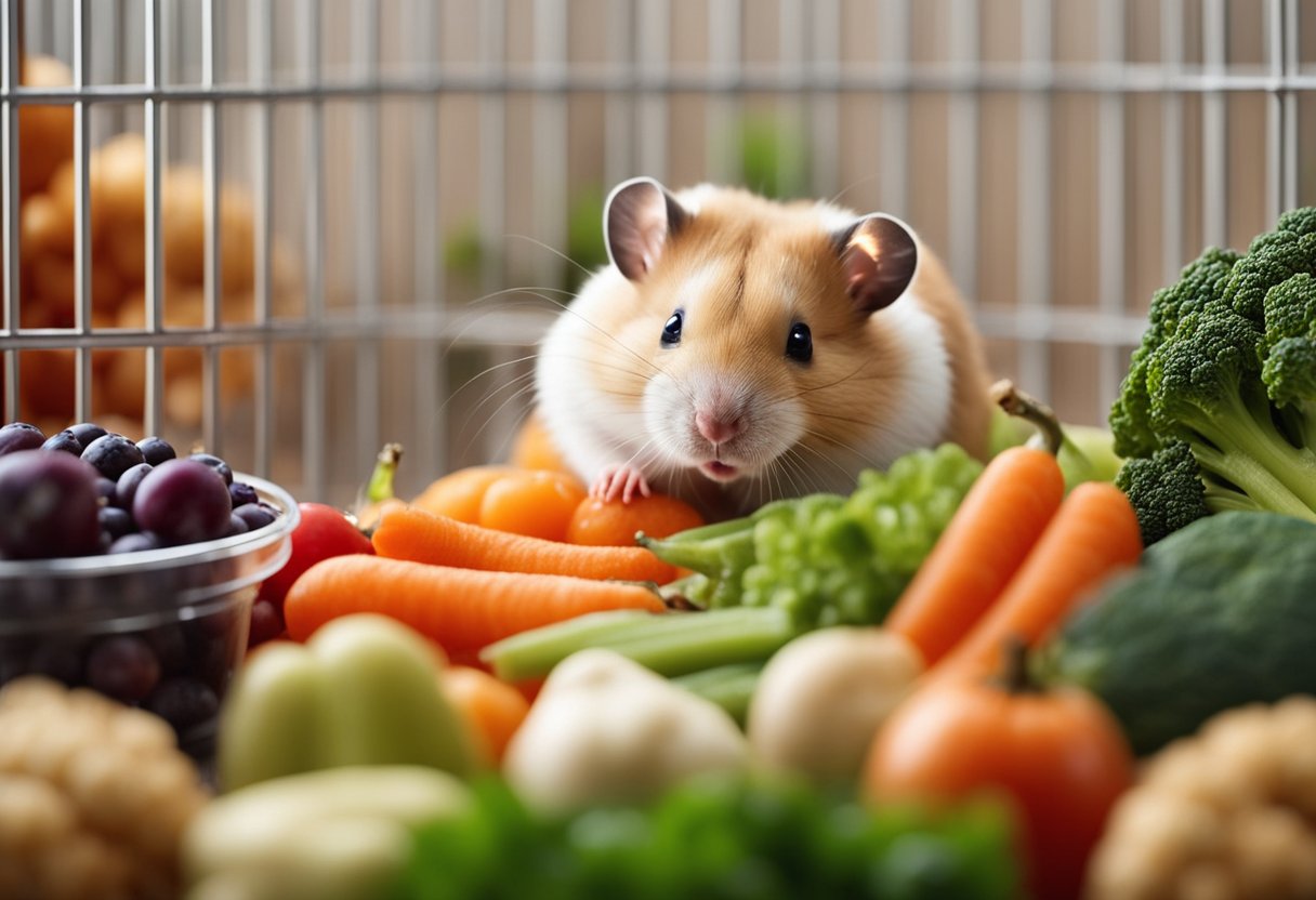 A hamster surrounded by a variety of safe foods such as fresh vegetables, fruits, and pellets in a clean and spacious cage