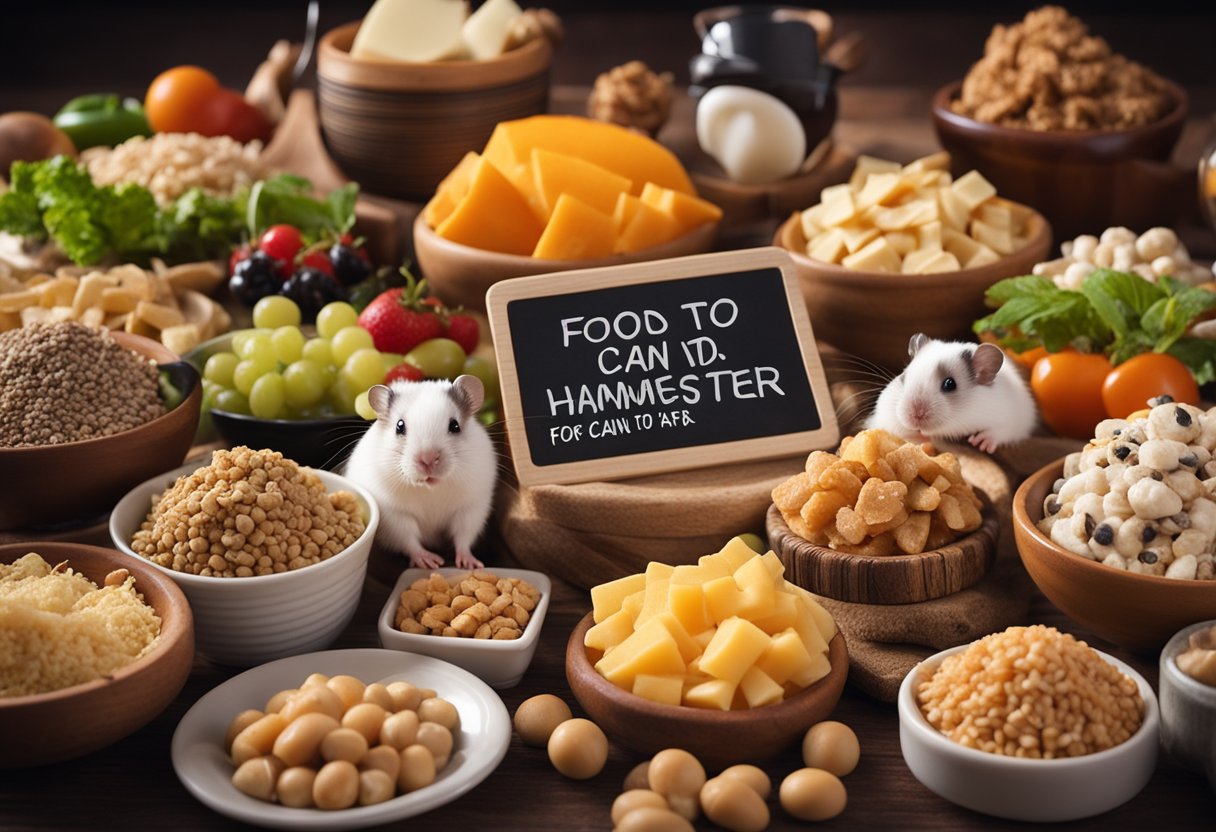 A pile of foods labeled "Foods to Avoid for Hamsters" with a question "What food can hamsters eat?" written nearby