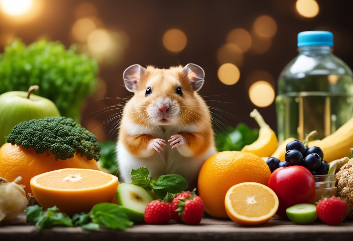A hamster surrounded by a variety of safe and healthy foods, such as fresh fruits, vegetables, and grains, with a water bottle nearby