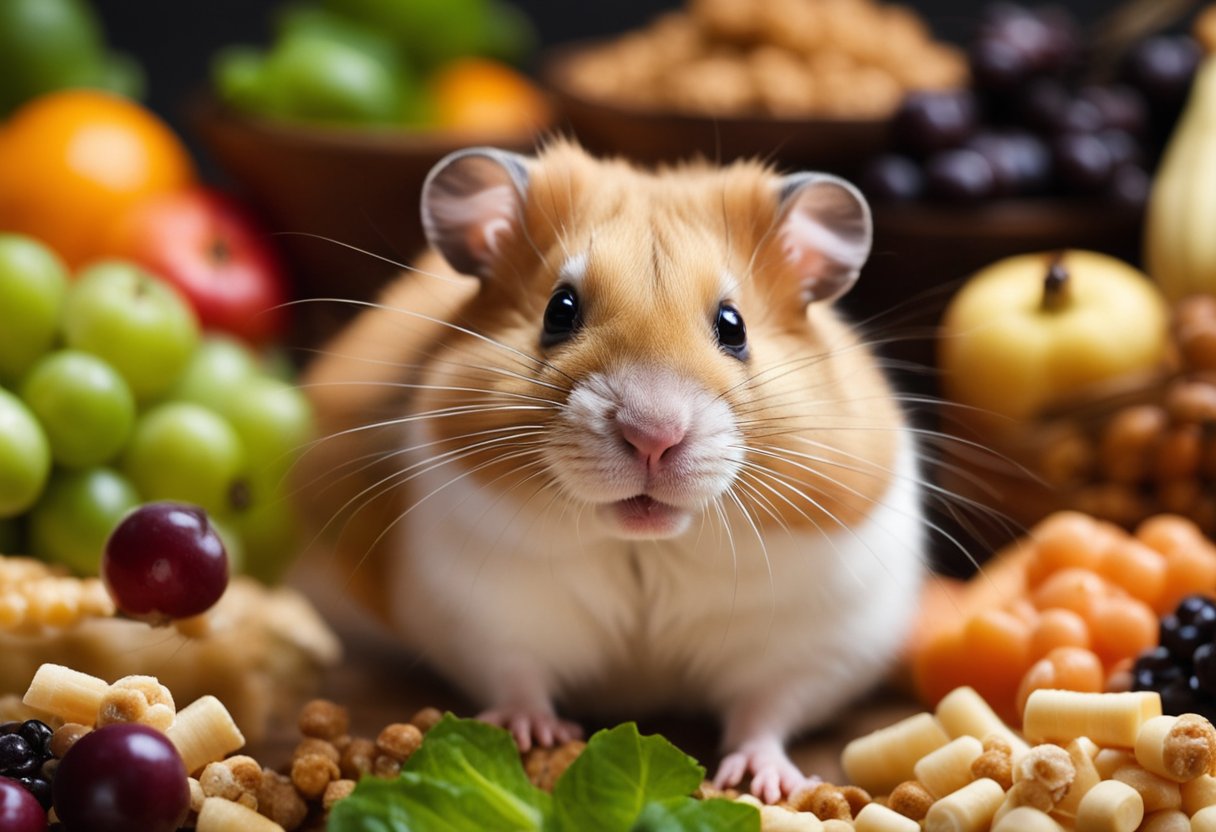 A hamster surrounded by a variety of safe foods such as fruits, vegetables, and pellets, with a curious expression on its face