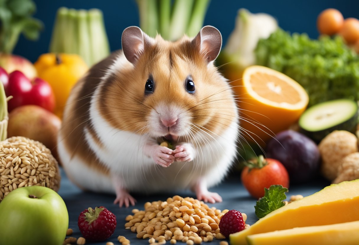 A hamster surrounded by a variety of safe foods, such as fruits, vegetables, and grains, with a sign reading "Frequently Asked Questions: What food can hamsters eat?" in the background