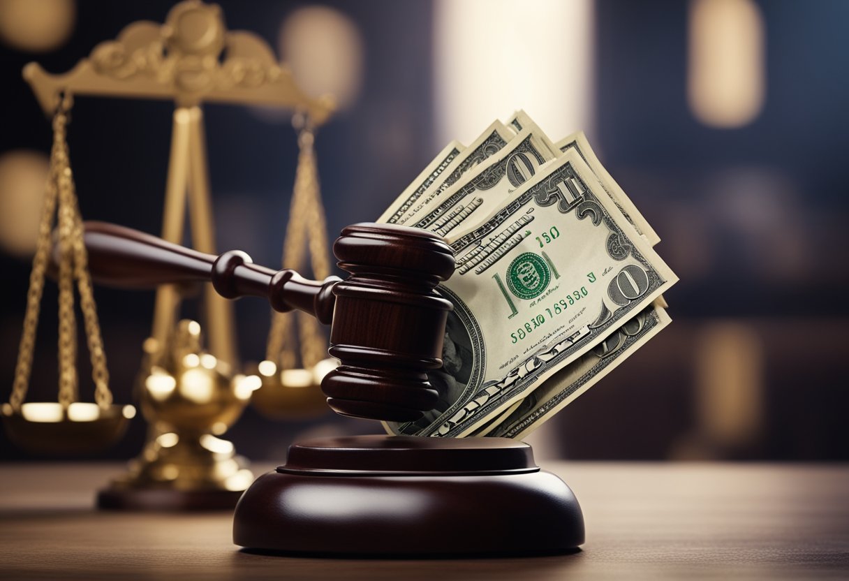 A judge's gavel striking a desk, a stack of cash and a bank transfer symbol, representing payment for judicial expertise