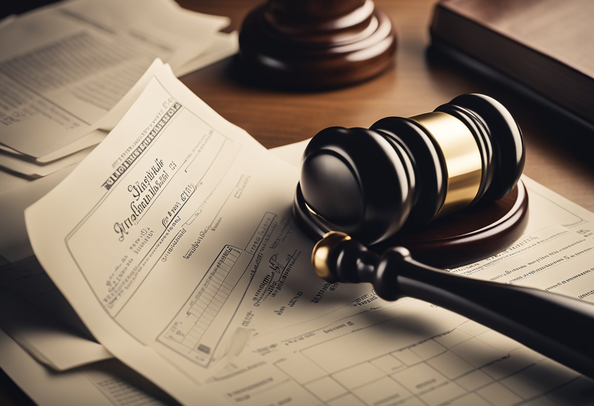 A hand writing a check to pay for judicial expertise, with a judge's gavel and legal documents in the background