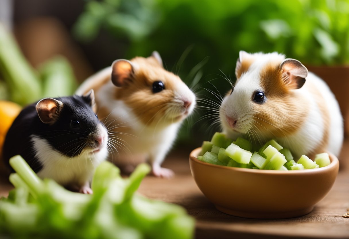 Hamsters and guinea pigs nibble on celery in a cozy pet habitat