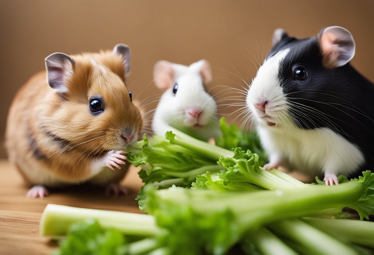 A hamster and a guinea pig nibble on celery, showing their dietary needs as small pets