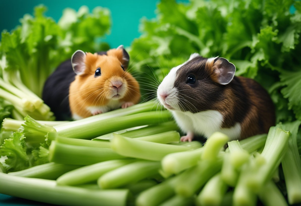 A hamster and guinea pig sit beside a pile of celery, eagerly nibbling on the crunchy green stalks