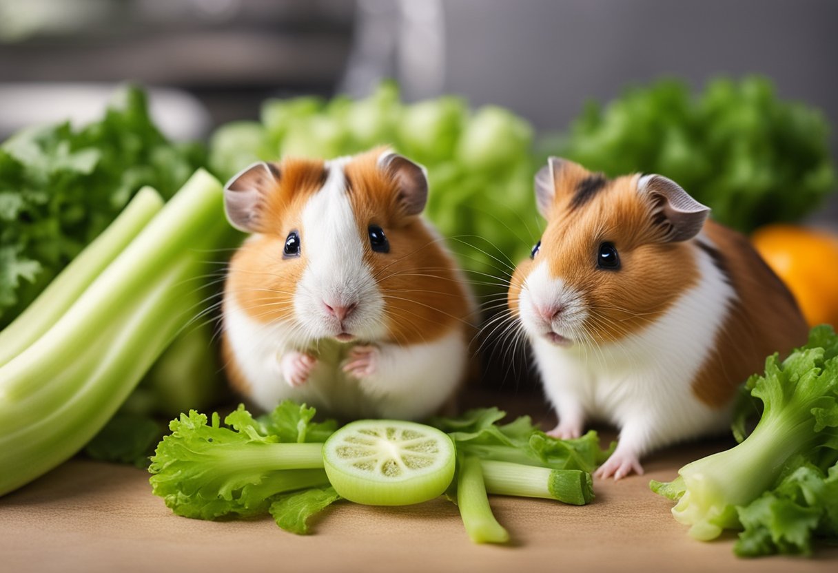Hamsters and guinea pigs surround a pile of celery, eagerly nibbling on the crunchy green stalks