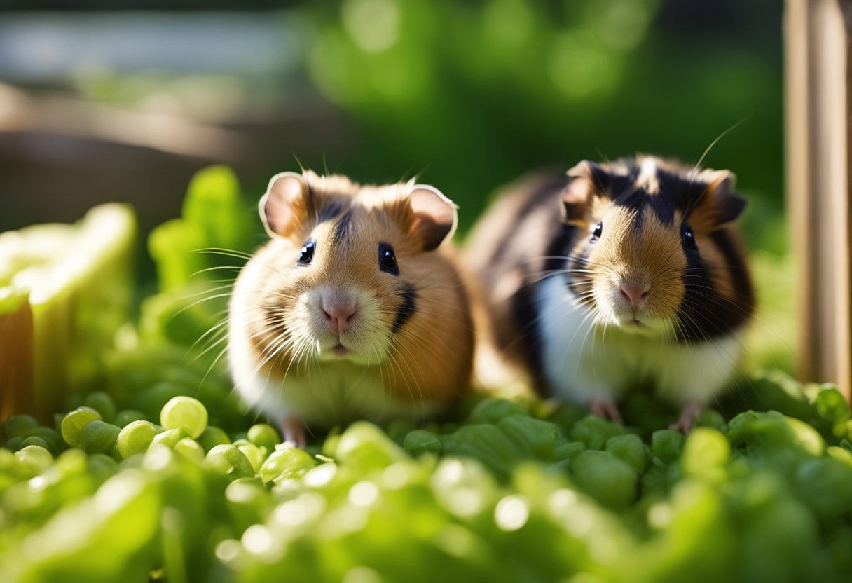 Hamsters and guinea pigs nibble on celery in a cozy, grassy enclosure