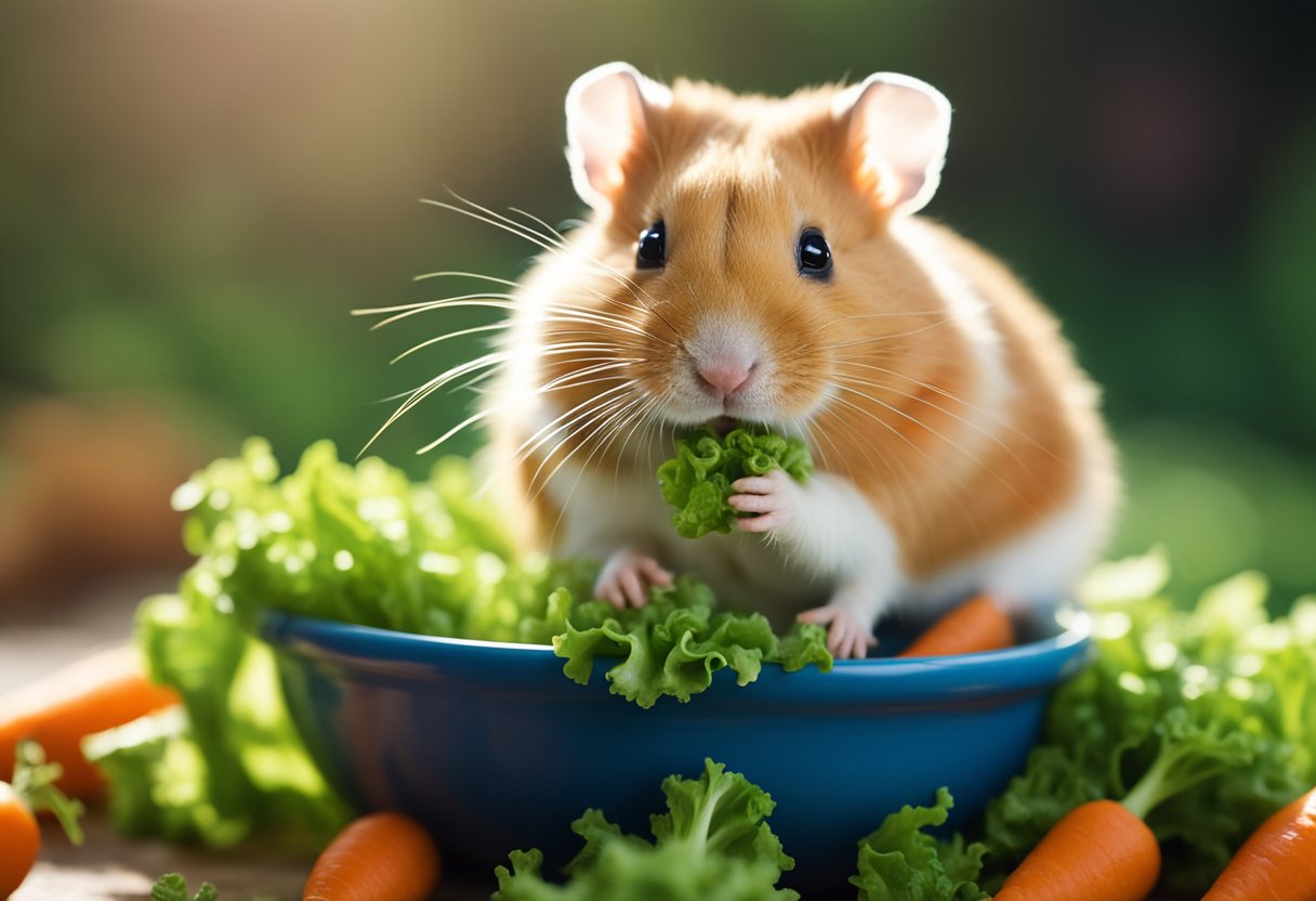 A hamster eagerly nibbles on a pile of fresh carrots and crunchy lettuce, ignoring the bowl of seeds nearby