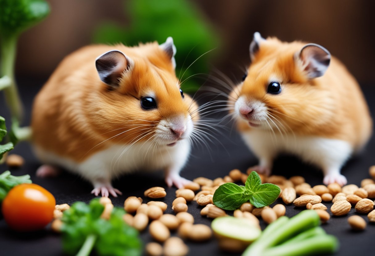 Hamsters eagerly munch on fresh veggies, seeds, and grains. Their tiny paws hold the food as they nibble with delight