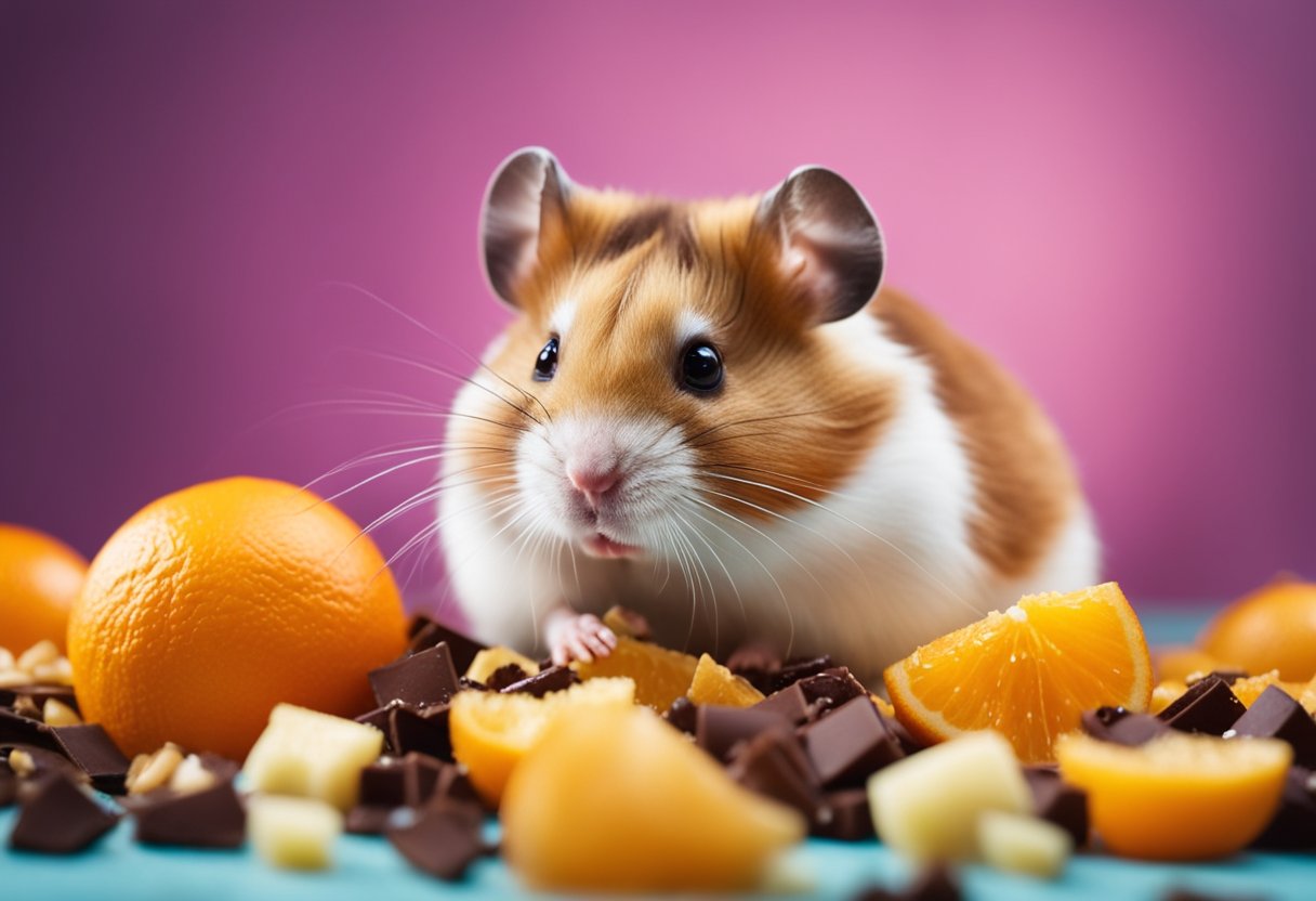 A hamster eagerly nibbles on a pile of unsafe foods, including chocolate, onions, and citrus fruits, scattered around its cage