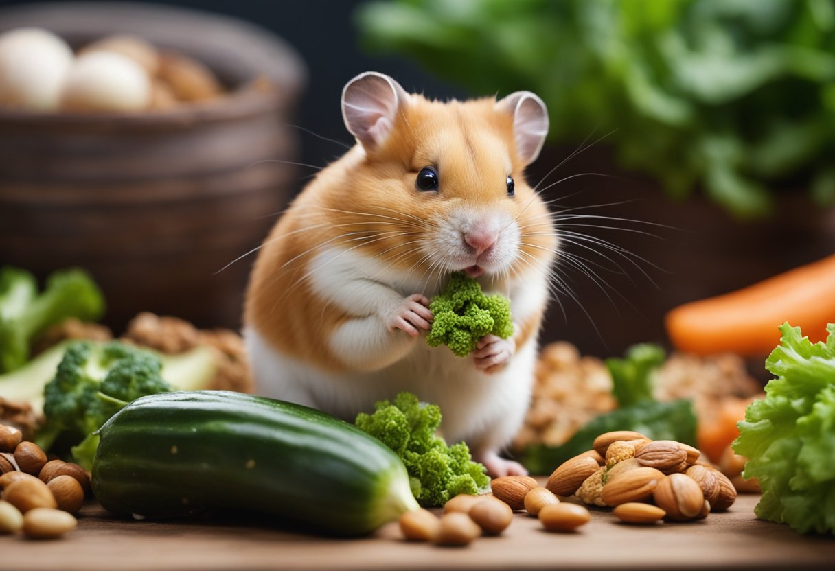 A hamster eagerly nibbles on a pile of fresh vegetables, seeds, and nuts, with its cheeks bulging as it gorges on the irresistible treats